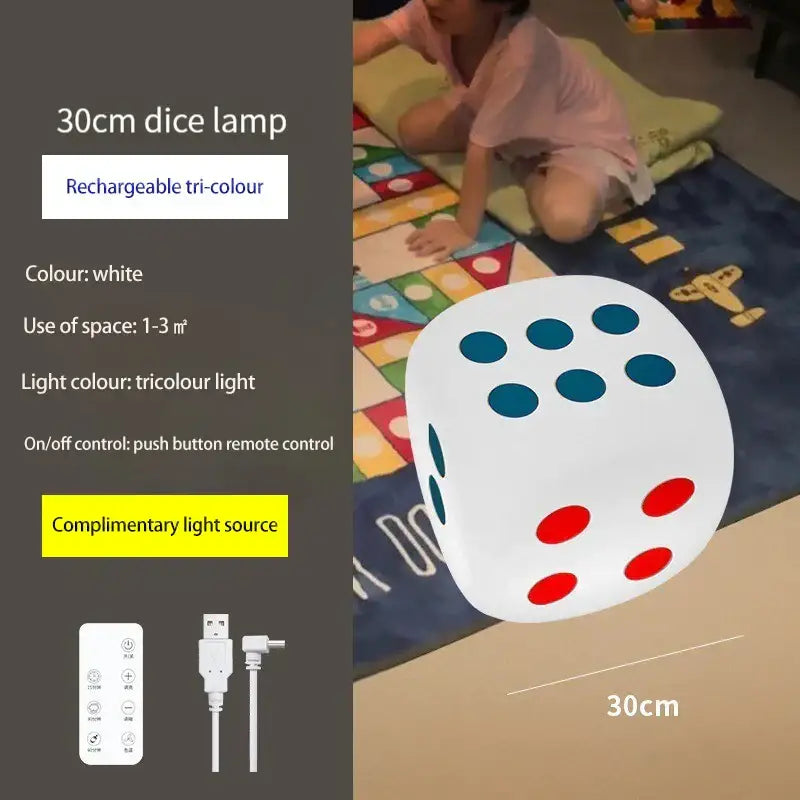 White 30cm dice-shaped lamp with rechargeable tri-colour lighting featuring colorful remote control decorbites design