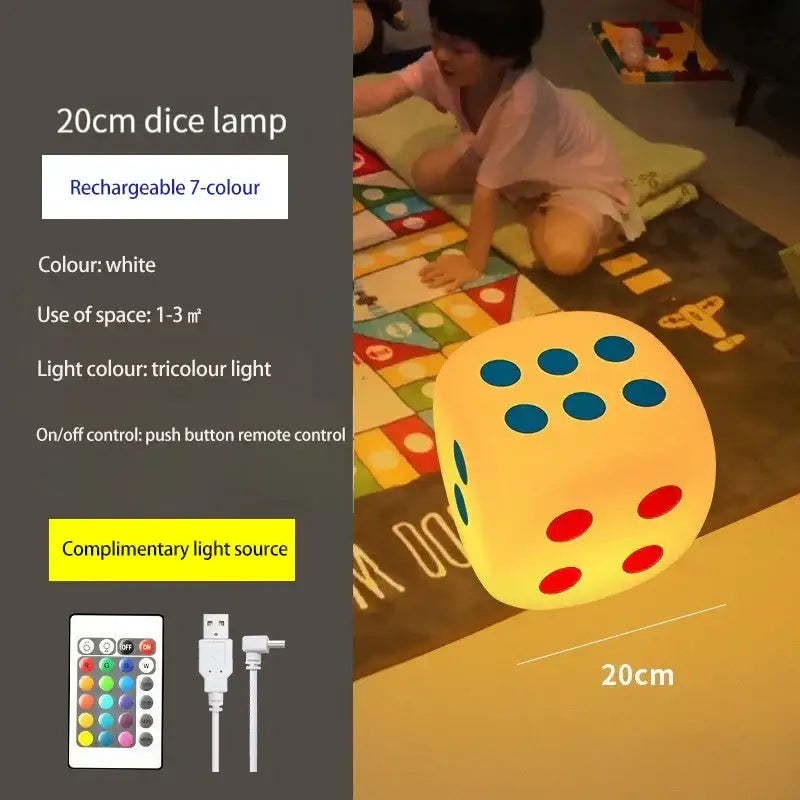 Oversized white 20cm dice night lamp with blue and red dots emits tricolour light with decorbites colorful remote control