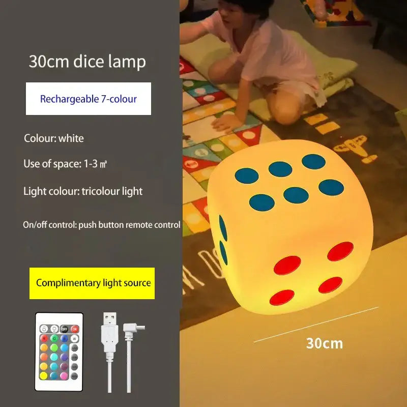 A 30cm white dice night lamp with blue and red dots featuring a rechargeable tricolour light and colorful remote control