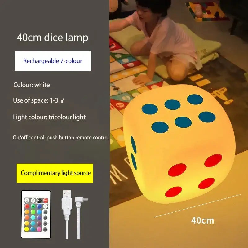 A 40cm white dice-shaped lamp with blue and red dots featuring rechargeable tricolour light and colorful remote control