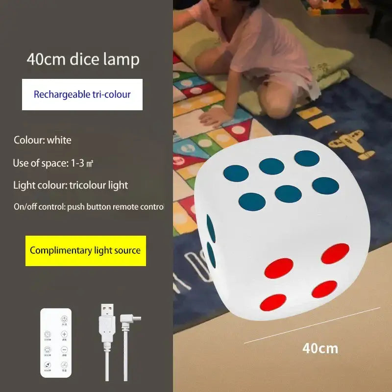 White 40cm dice-shaped lamp with red and blue dots featuring rechargeable tri-colour lighting and colorful remote control