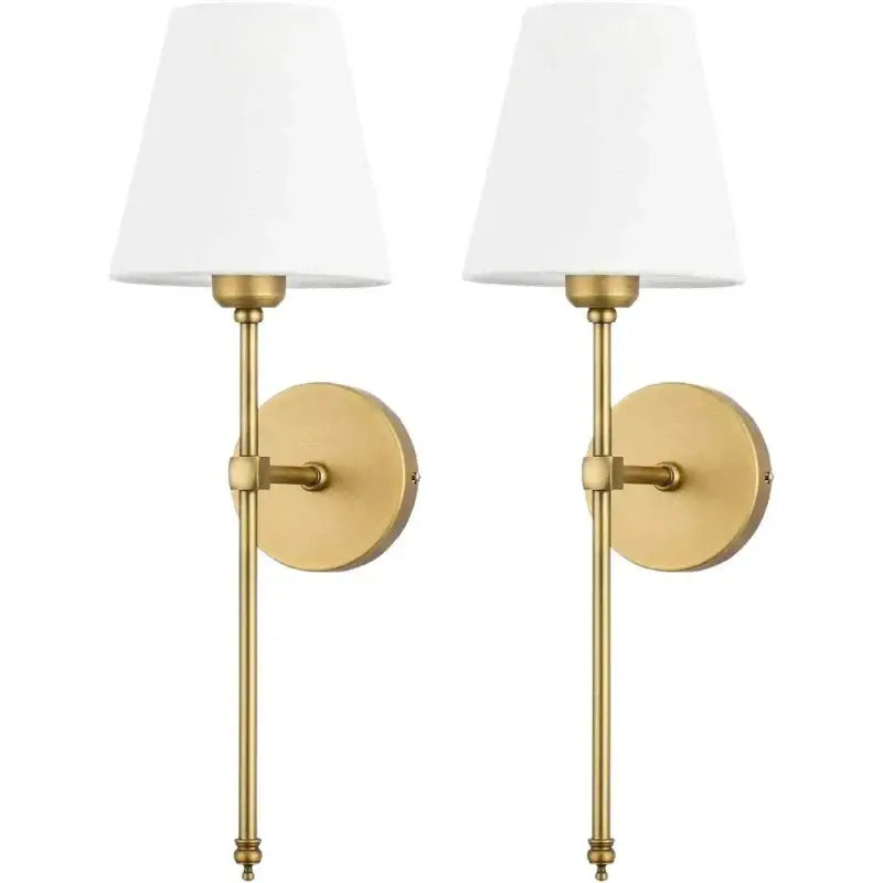 Pair of brass wall lamp sconces with white fabric shades for bedroom decor featuring decorbites contemporary led style