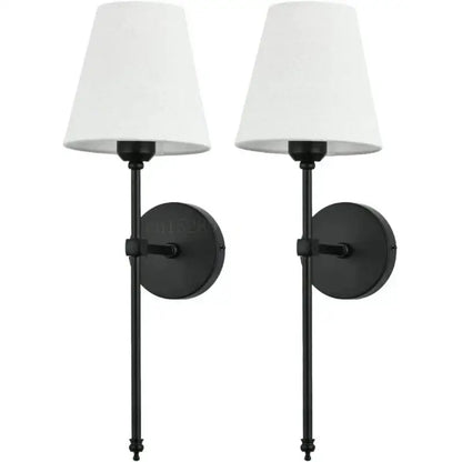 Pair of black wrought iron wall lamp sconces with white fabric shades for decorbites contemporary led bedroom decor