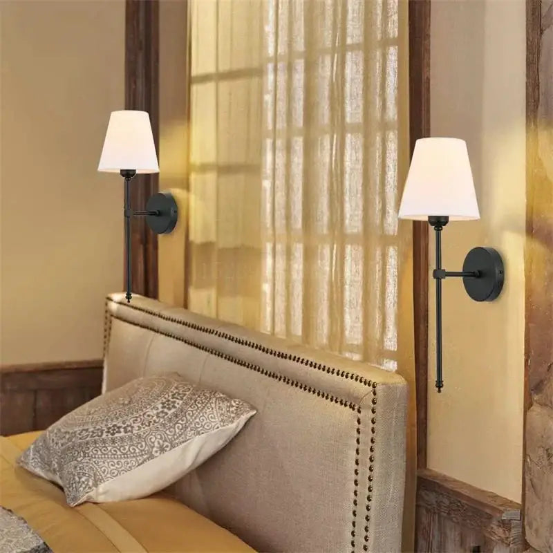 Pair of black wrought iron wall lamp sconces with white fabric shades for bedroom decorbites contemporary led wall use