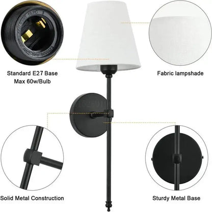 Black metal wall lamp with white fabric lampshade for bedroom decorbites contemporary led wall lighting design