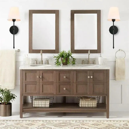Brown wood double vanity with white marble countertop and two brass and white fabric wall lamp sconces for decorbites contemporary led wall decor