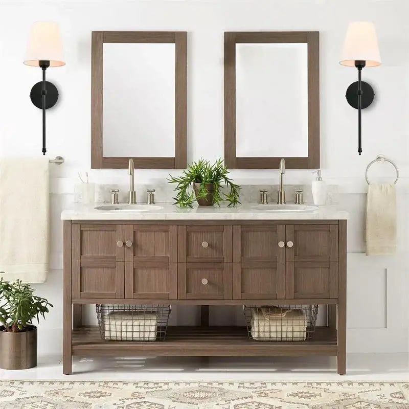 Brown wood double vanity with white marble countertop and two brass and white fabric wall lamp sconces for decorbites contemporary led wall decor