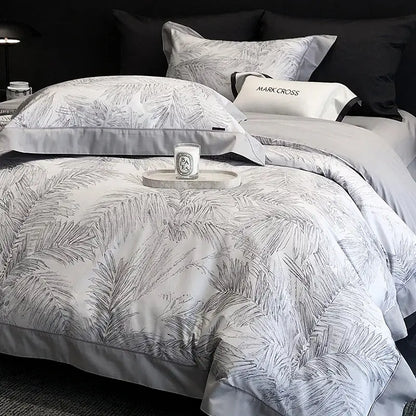 Gray and white palm leaf patterned egyptian cotton bedding set with satin finish for bedroom linen use