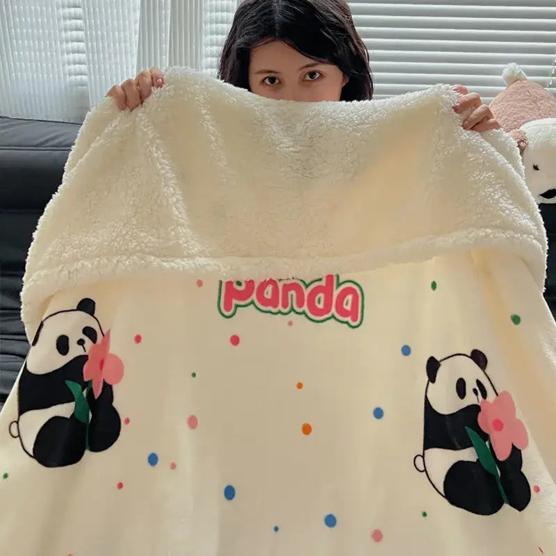 Cream-colored decorbites cozy fleece blanket with panda illustrations and colorful polka dots for bedroom throw decor