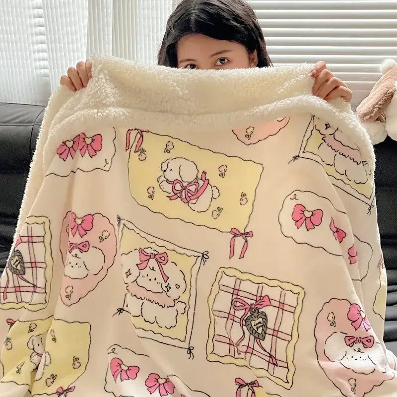Cream-colored decorbites cozy fleece blanket with soft texture and pastel poodle pattern for bedroom throw decor