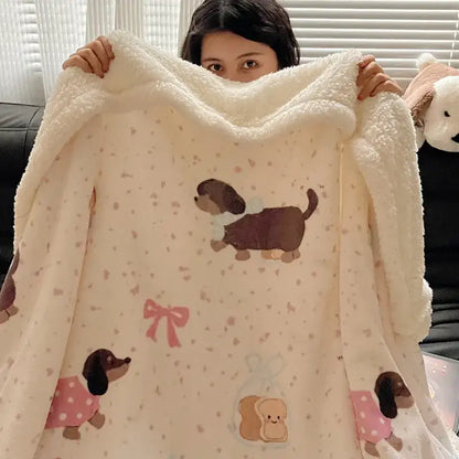 Panda pattern white cozy fleece blanket featuring cream plush texture with embroidered cartoon dogs for decorbites cozy fleece decor