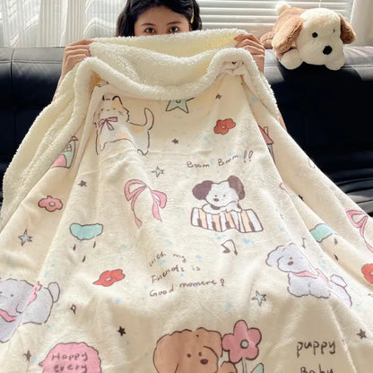 Cream-colored decorbites cozy fleece blanket with cartoon dogs stars flowers and sherpa lining for bedroom throw decor