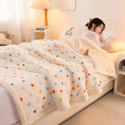 A cozy white beibei velvet warmth blanket with plush texture and multicolored heart patterns in pastel shades