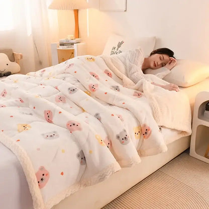 Soft white velvet warmth blanket with pastel bear and heart patterns featuring plush fleece border for bedroom use