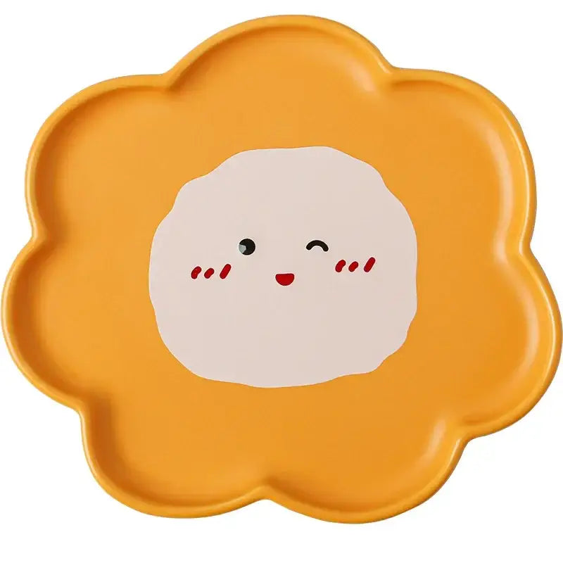 Orange flower-shaped ceramic plate with a smiling face design, perfect for decorbites cloud tulip cartoon dining room tableware