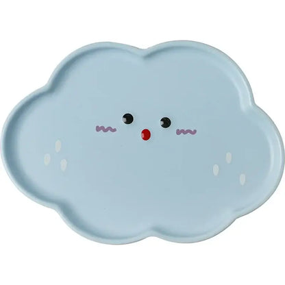 Pastel blue ceramic cloud tulip cartoon dog plate with black eyes red nose and purple whiskers for dining decorbites cloud tulip