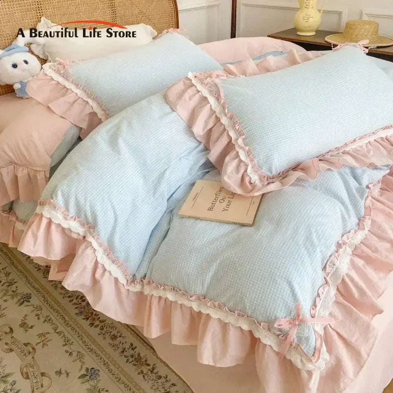 Pastel blue and pink lattice bedding set with ruffled cotton quilt cover and subtle textured weave by decorbites blue pink