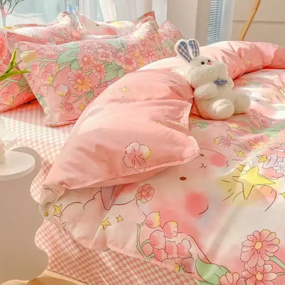 Pastel bunny and flower cartoon print bedding set with pink floral patterns and cute pastel decorbites cartoon print designs