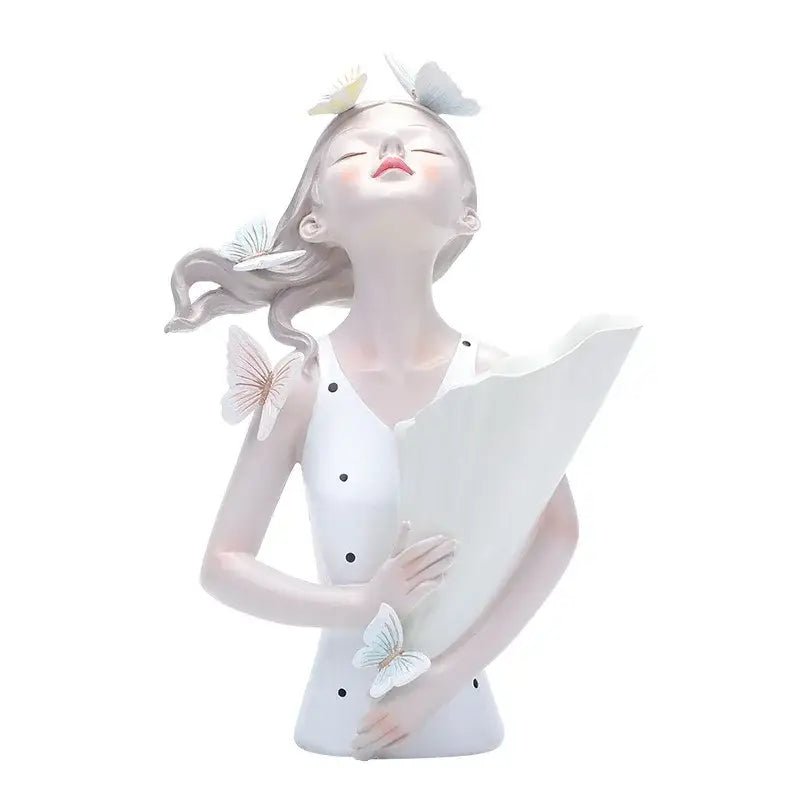 White ceramic butterfly girl flower vase featuring delicate butterflies on hair and shoulders for living room decor