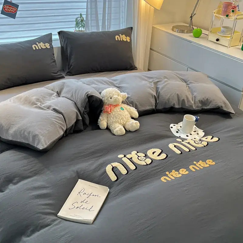 Gray cartoon embroidered cotton bedding set with gold nice embroidery for bedroom decorbites cartoon embroidered design