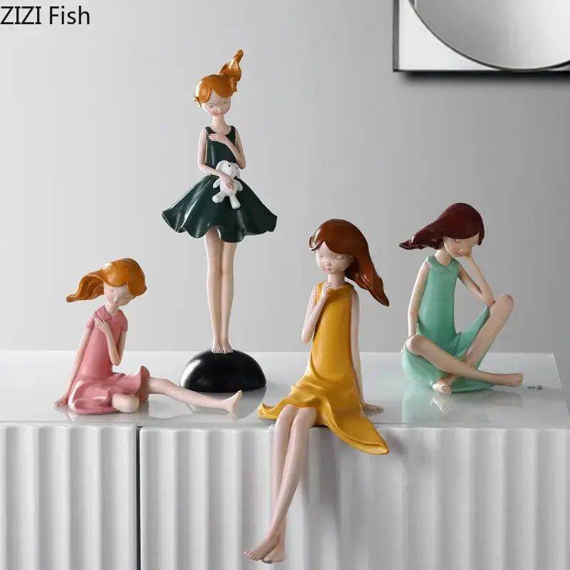 Set of four colorful pastel cartoon girl resin sculptures depicting stylized girls for bedroom desk decorbites cartoon girl ornament