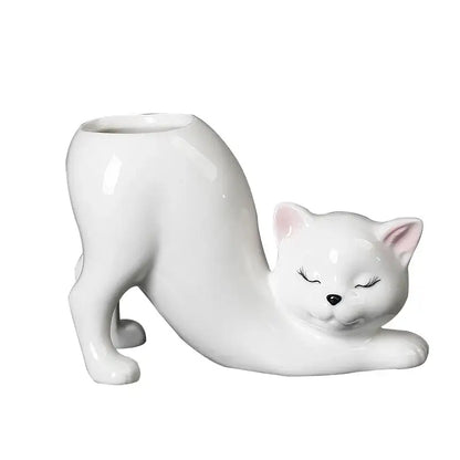 Pastel white ceramic cat tail succulent planter with closed eyes and pink inner ears for bedroom decorbites cat tail decor