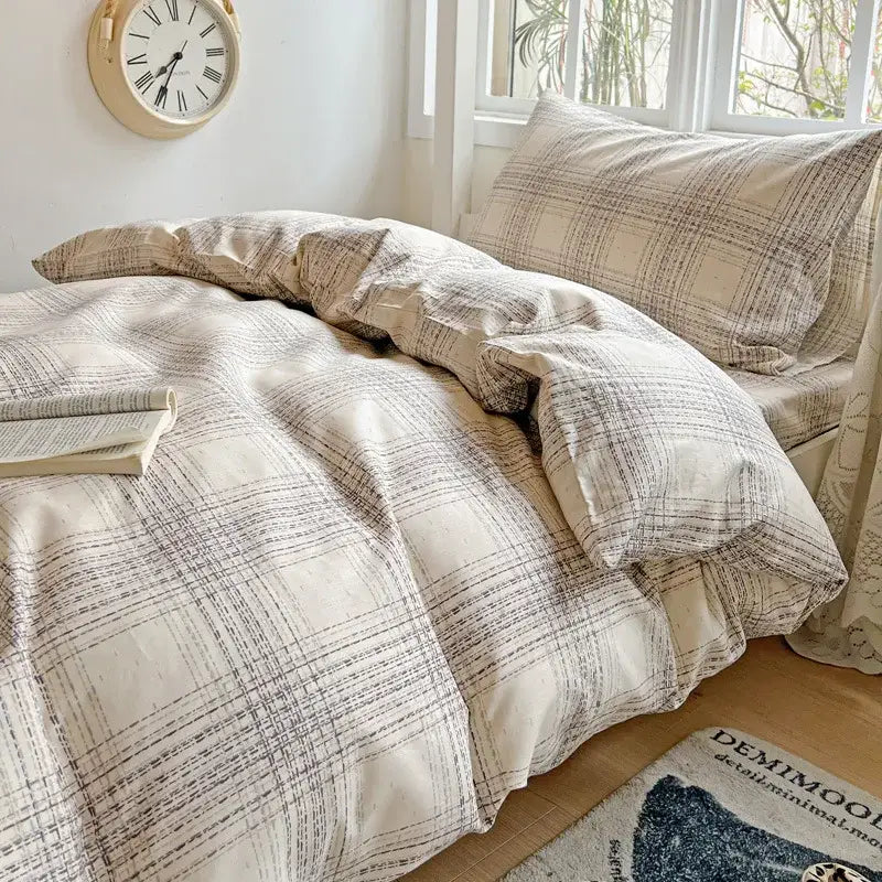 Beige and gray plaid bedding set with a soft textured decorbites cotton grid pattern for bedroom decor
