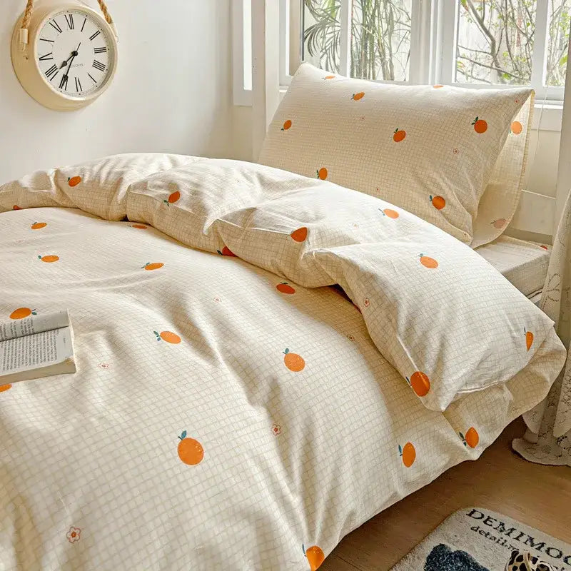 Cream-colored cotton bedding set with subtle grid pattern and orange fruit prints from decorbites cotton grid collection