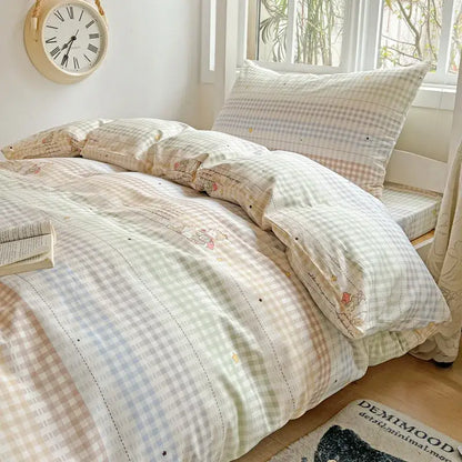 Pastel checkered cotton grid pattern bedding set with soft fabric and subtle embroidered details by decorbites cotton grid