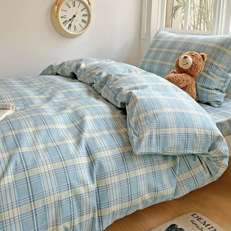 Pastel checkered cotton grid pattern bedding set in light blue and cream with soft textured fabric for bedroom decorbites cotton grid