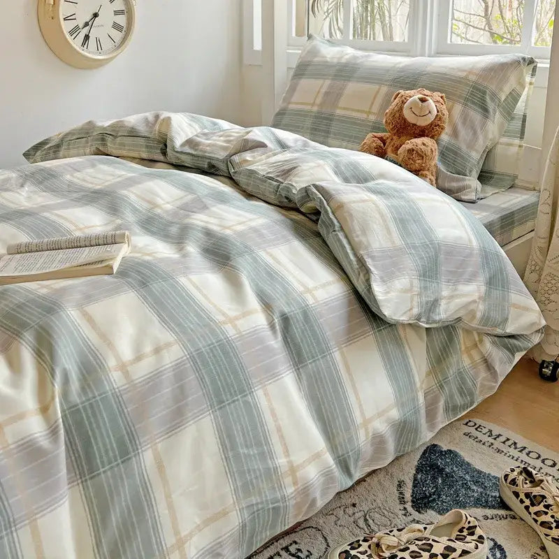 Pastel checkered cotton grid pattern bedding set featuring soft sage green cream and beige plaid duvet with subtle sheen