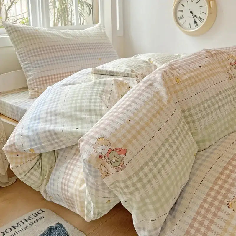 Pastel checkered cotton printed student bedding set featuring charming embroidered little prince decorbites cotton printed design