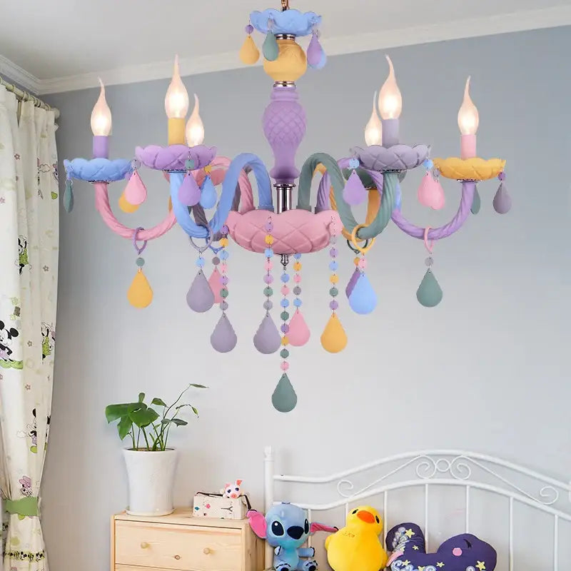 Pastel colorful crystal cartoon led chandelier with raindrop ornaments and candle-style lights for kids bedroom decorbites colorful crystal