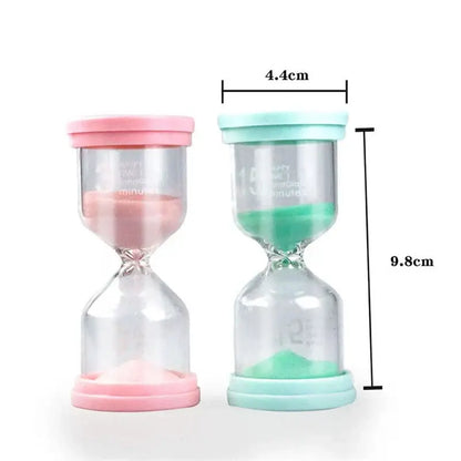 A pastel colorful glass hourglass sand timer set with pink and mint silicone tops for kids bedroom decorbites hourglass sand