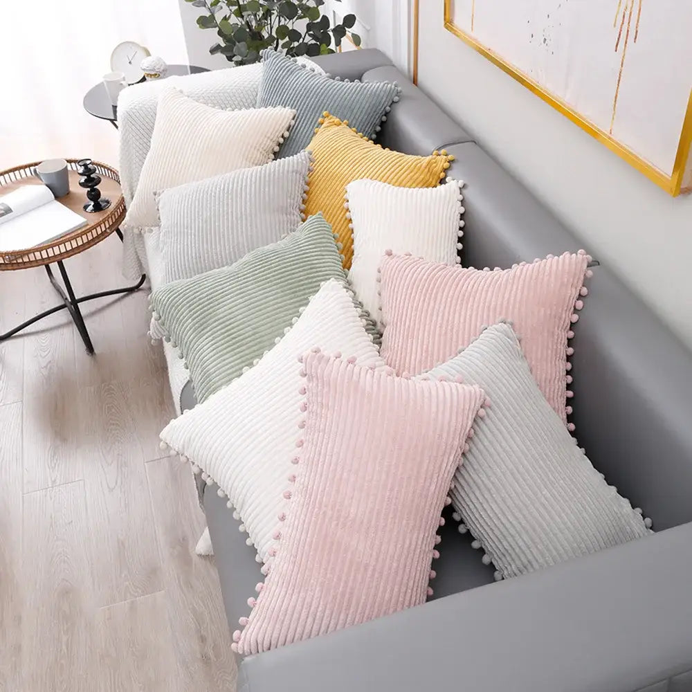 Pastel corduroy pompom cushion cover with fluffy pom-pom trim for living room decorbites corduroy pompom throw pillow