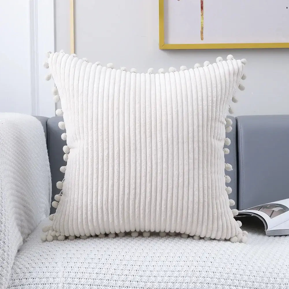 White corduroy pompom cushion cover with fluffy pom-poms along edges for living room decorbites decorbites corduroy pompom