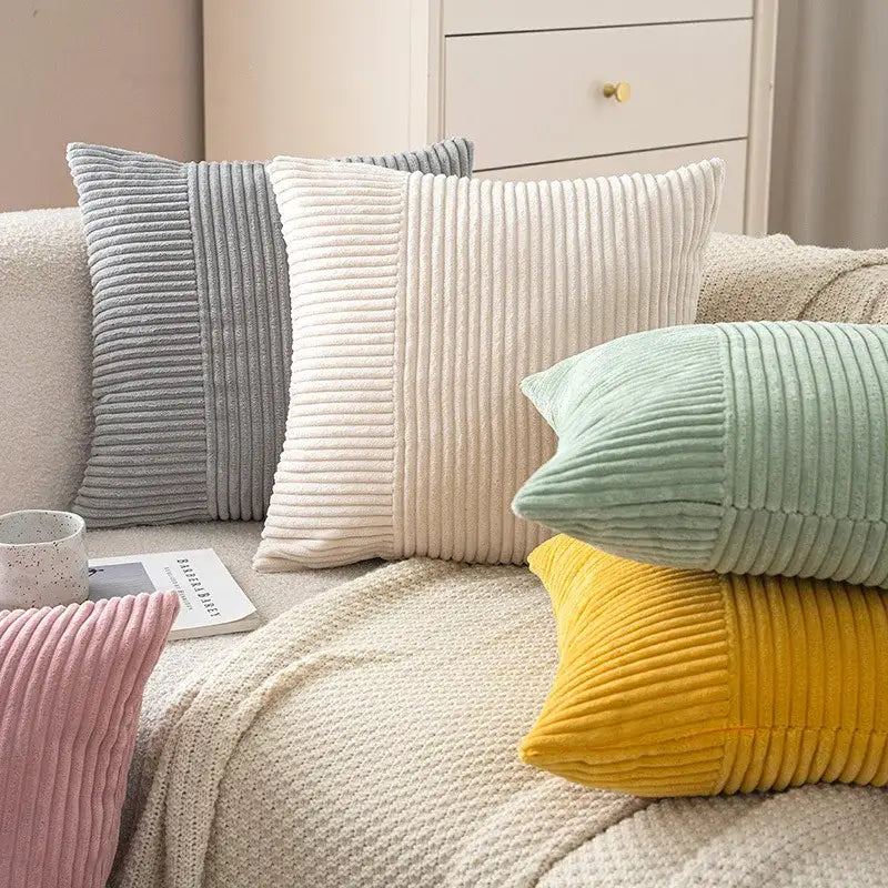 Set of cozy decorbites corduroy striped body pillows in pastel gray cream mint green and yellow for lumbar support