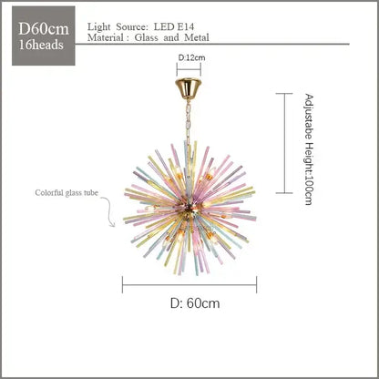 A vibrant pastel dandelion pendant lamp with 16 colorful glass tubes and brass fixture for kids bedroom decorbites dandelion