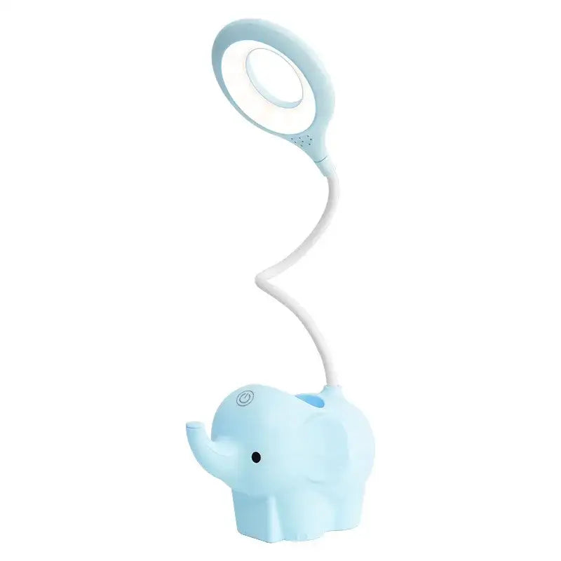 Light blue pastel elephant led table lamp with flexible gooseneck and circular led head for bedroom decorbites elephant led