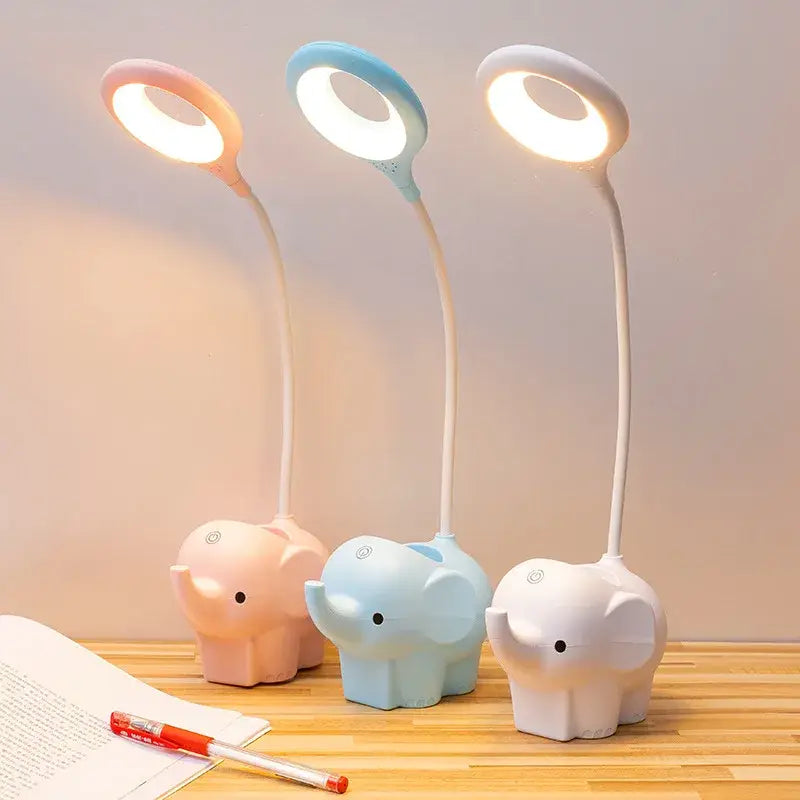 Three pastel-colored elephant led table lamps with flexible necks and circular heads for eye protection decorbites elephant led