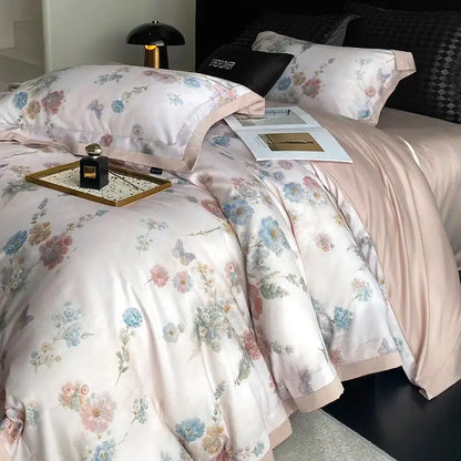 Pastel floral flowers prints bedding set in satin with soft pink blue and lavender blossoms on creamy background