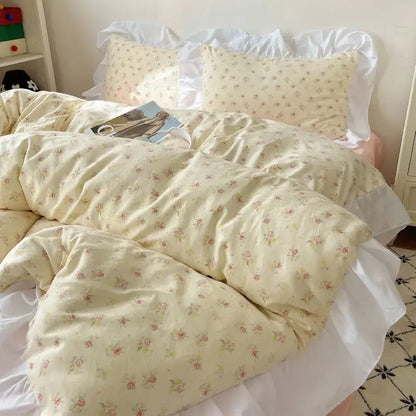 Cream-colored pastel floral korean lace bedding set with delicate pink blossoms on soft textured fabric decorbites korean lace
