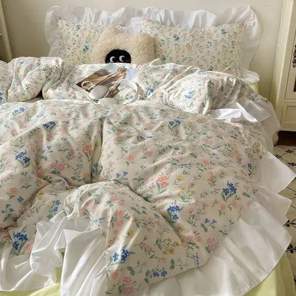 Pastel floral korean lace bedding set with delicate ruffled edges in soft colors by decorbites korean lace bedding