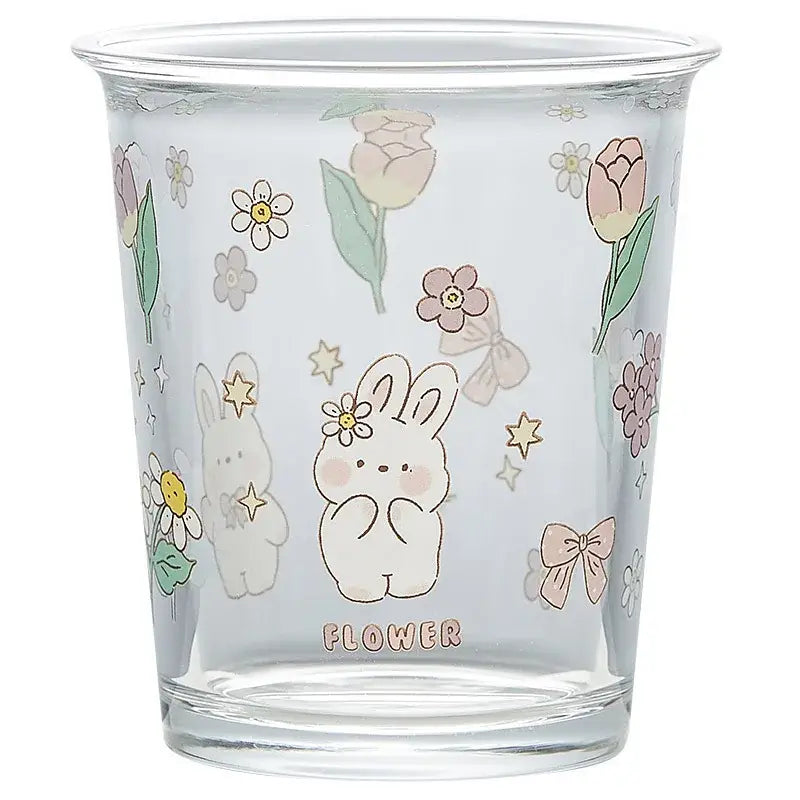 Clear glass tea coffee cup with pastel floral and rabbit glass illustrations for kitchen use