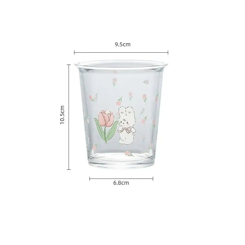 Clear glass rabbit glass tea tumbler with white bunny holding pink tulip and pastel floral patterns for coffee use