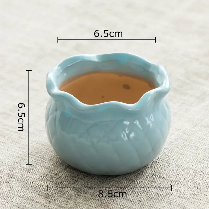 A delicate light blue lotus flower ceramic tea cup with scalloped rim and textured design filled with amber liquid