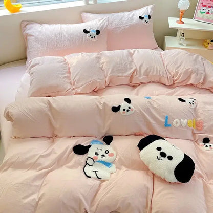 Pink plush dog-themed bedding set with black white and blue embroidered cartoon pandas for decorbites cartoon towel embroidery