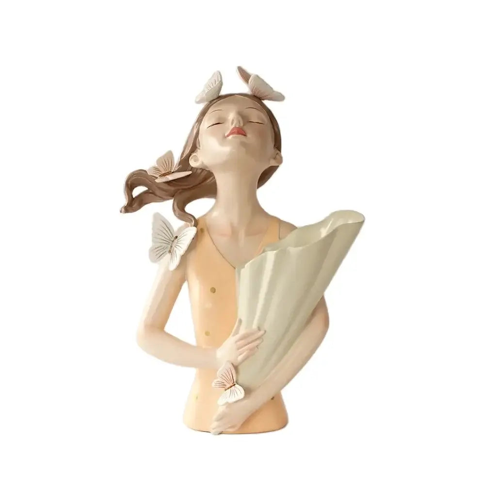 A delicate beige resin girl vase statue with white butterflies holding an open fan for living room decor