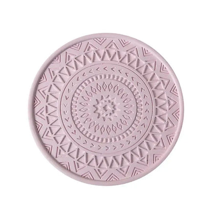 Delicate pink pastel mandala diatomite round coaster with intricate geometric design by decorbites diatomite round coasters