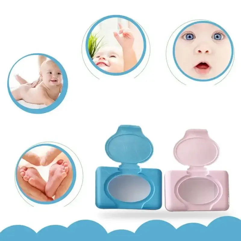 Pastel mint blue and pink plastic baby wet wipes dispenser set with rounded hinged lids for bathroom use